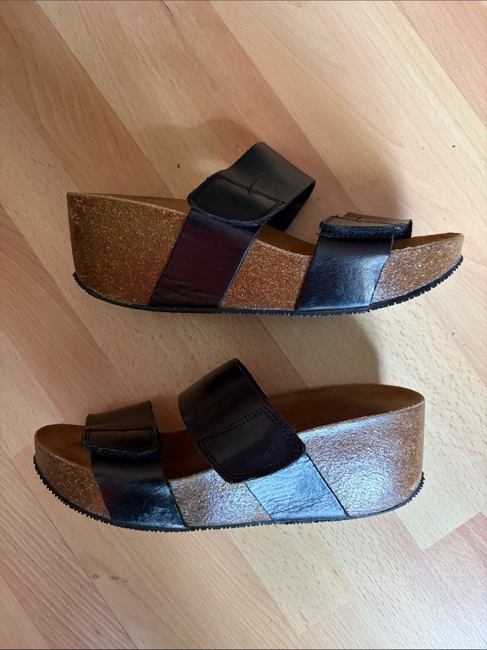 Lola Sabbia Black Leather Double Strap Cork Wedge Sandals